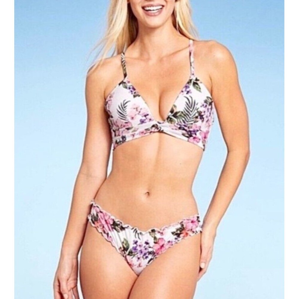 Shade & Shore Bikini Set Top 34C / Bottom L Tropical Floral Ruffle Ruched Cheeky